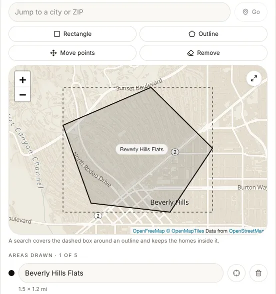Drawing a search area: the outline of Beverly Hills Flats on the map, with the drawing tools above it.
