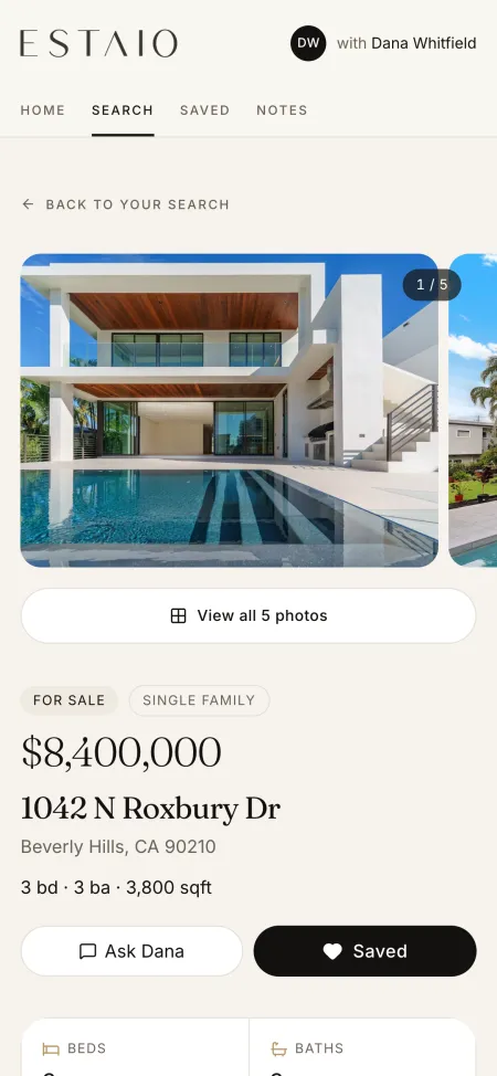 A home in the client's portal: photos, price, address, and Save.