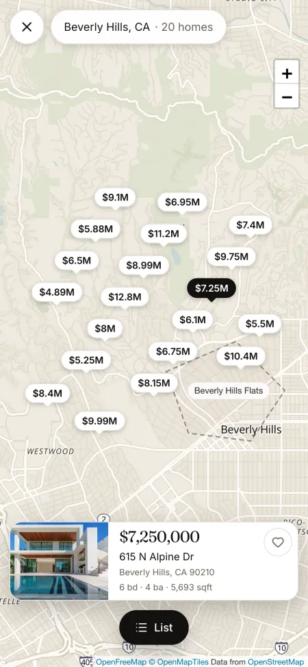 The client's private link on a phone: the same homes on a full-screen map, one opened as a card.