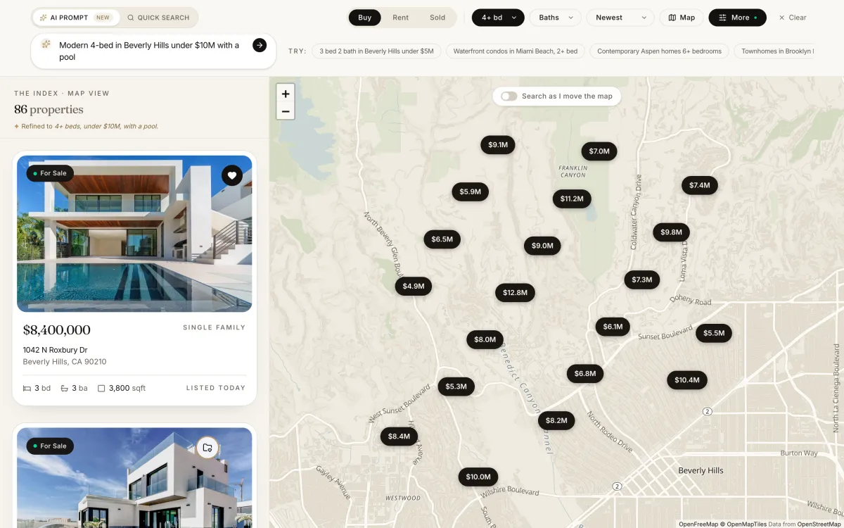 A close look at the search: the typed sentence, the first matching home and its price on the map.