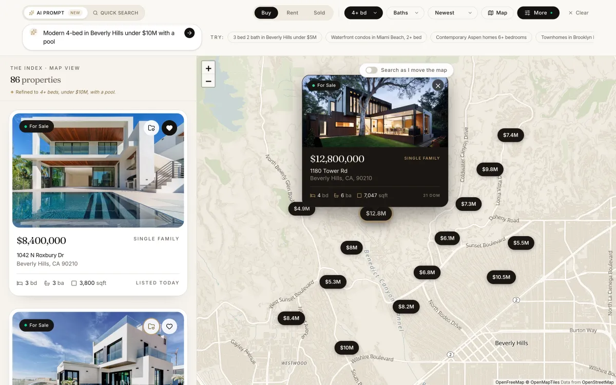 Estaio's search: a sentence typed as the search, homes on a map with their prices, one opened as a card ($12,800,000, 1180 Tower Rd), and the matching listings beside it.