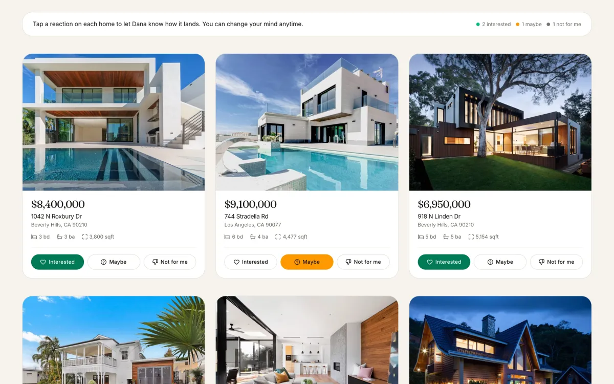 A shared list: three homes with the client's reactions, Interested, Maybe and Not for me.
