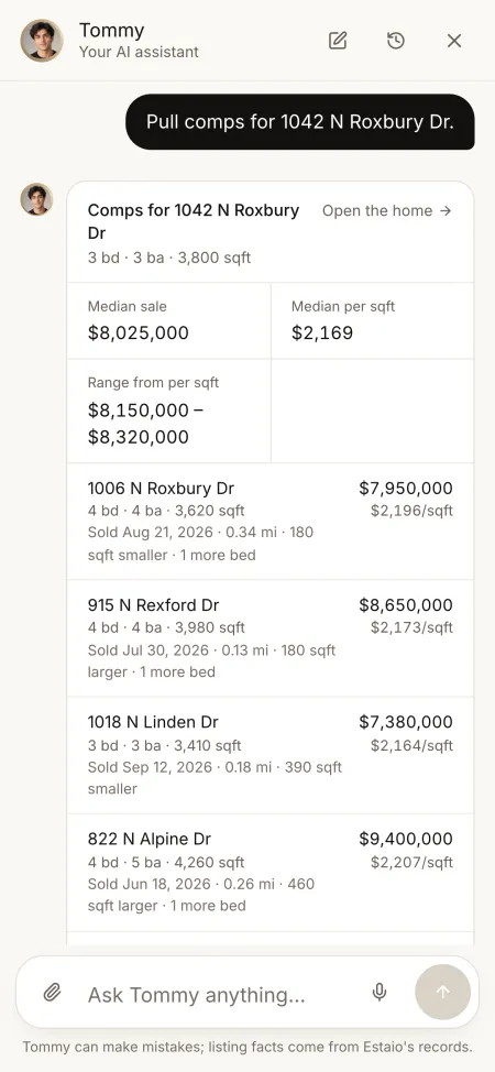 Asked for comps, Tommy shows six nearby sales with their price per square foot and how each differs.