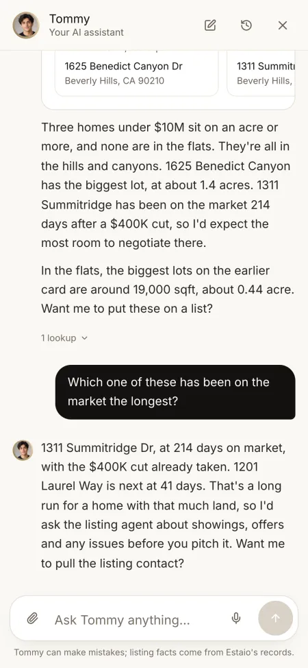 Asked which has been on the market longest, Tommy answers 1311 Summitridge Dr at 214 days, with a $400K cut already taken.