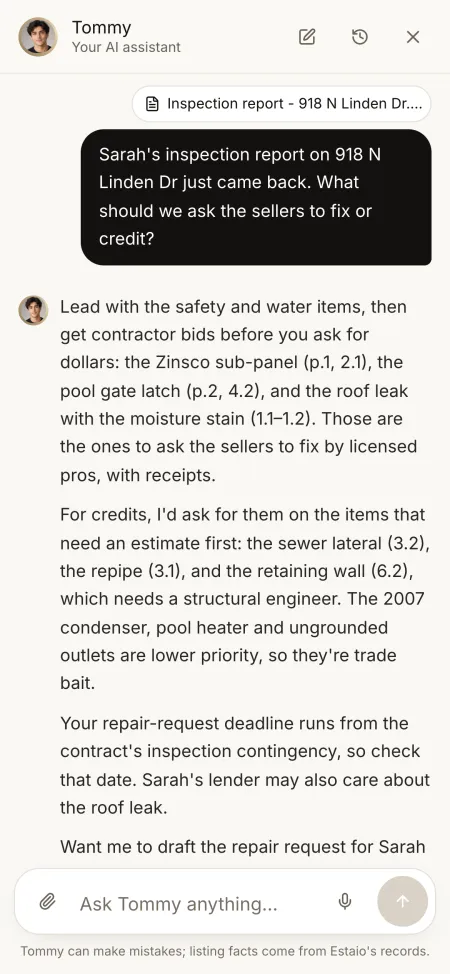 Sent an inspection report, Tommy sorts what to ask the sellers to fix and what to price first, with each item's page.