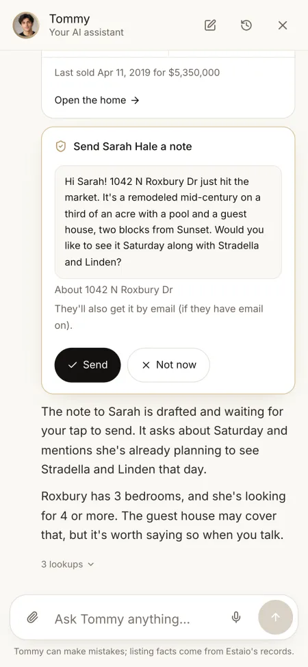 Asked to text a client about a new listing, Tommy drafts the note and holds it for the agent's tap to send.