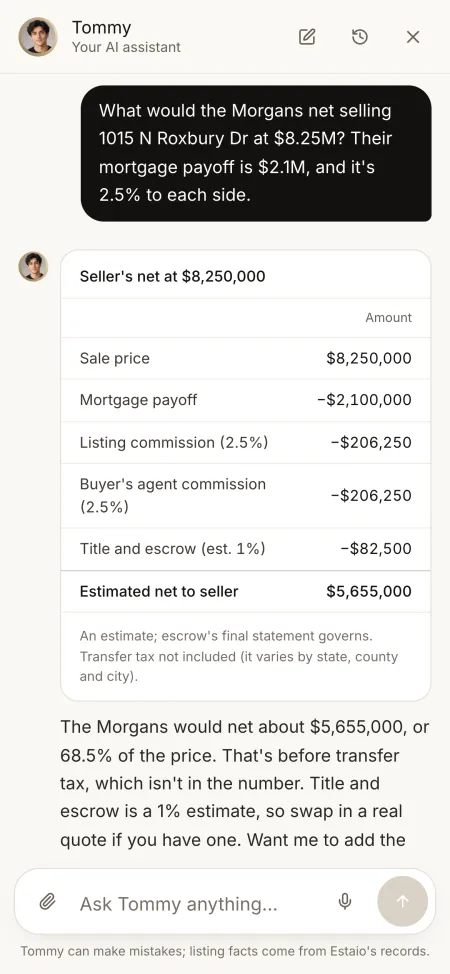 Asked what sellers would net at $8.25M, Tommy shows the net sheet line by line.