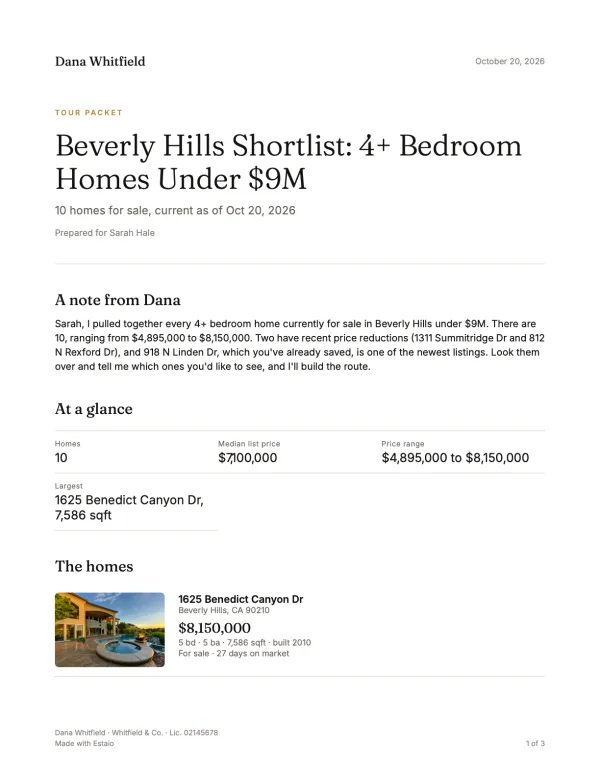 The first page of a shortlist PDF Tommy made for a client: the agent's note, the homes at a glance and the first home with its photo.