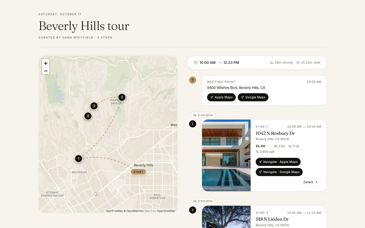 A tour: the route between four homes on a map beside the itinerary, with arrival times and drive times.